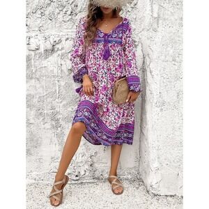 R Vivimos Boho Midi Floral Dress Size S Purple Gypsy Peasant Hippie Festival